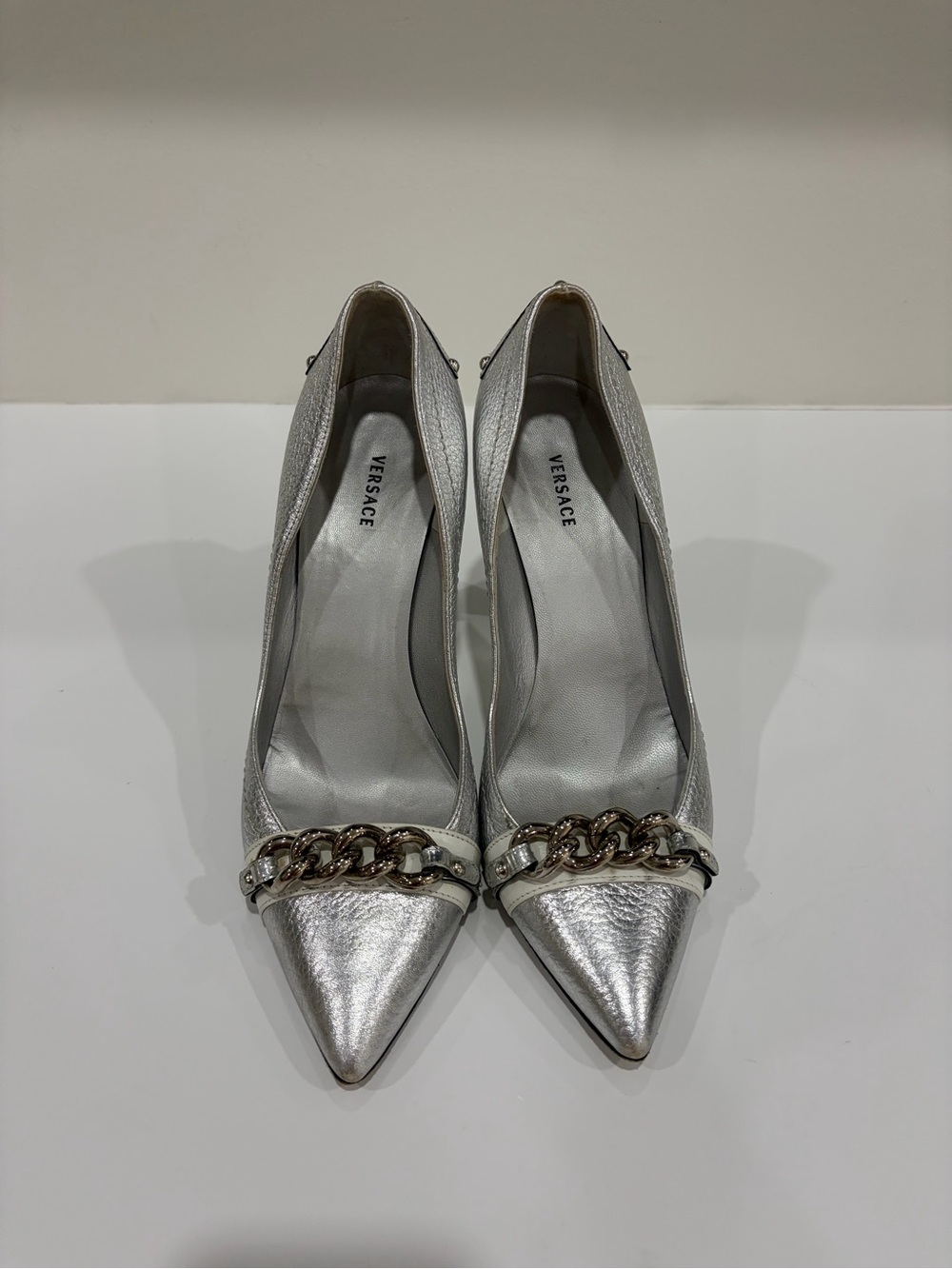 Versace Metallic Silver Pointed Toe Chain-Embellished Pumps
